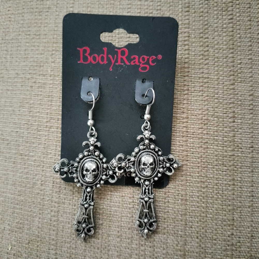 Silver Skull Gothic Cross Dangle Earrings - Spencer's